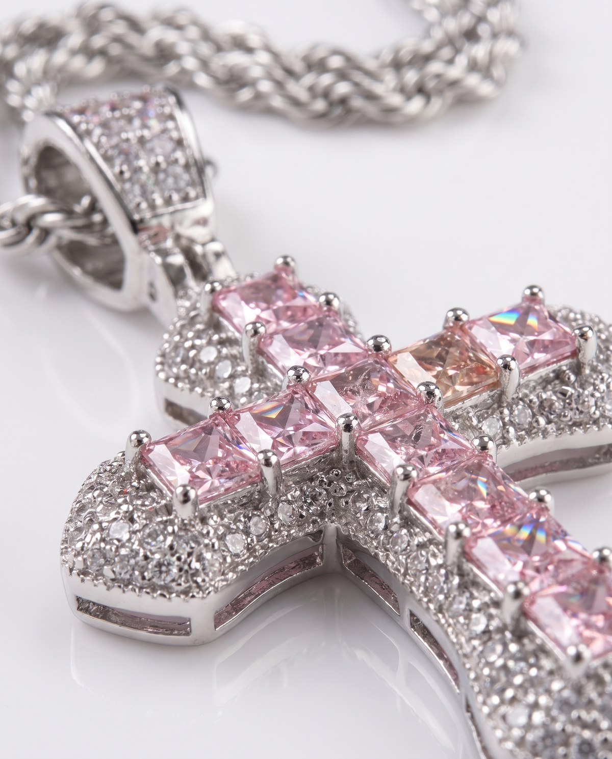 PINK CROSS NECKLACE - 14K WHITE GOLD